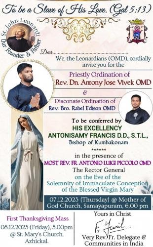 Priestly and DiaconateOrdinations of Rev. Dn. Antony Jose Vivek OMD & Rev. Bro. Rabel Edison OMD